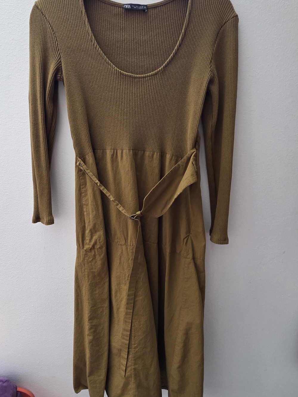 Zara Olive Long Sleeve Scoop Neck Midi Dress
